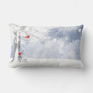 Red Cardinal Birds Christmas snowy Trees Lumbar Cushion