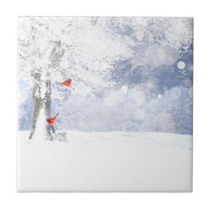Red Cardinal Birds Christmas snowy Trees Tile