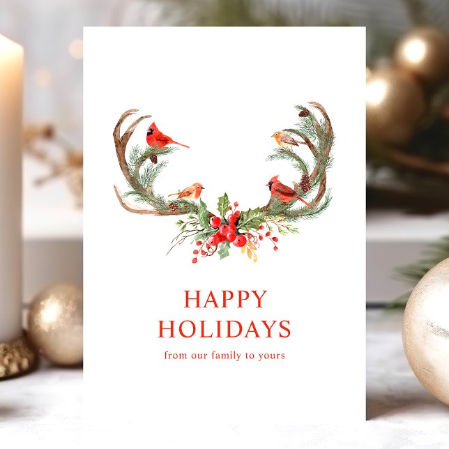 Red Cardinal Birds Happy Holidays Deer Antlers Holiday Card (Creator Uploaded)
