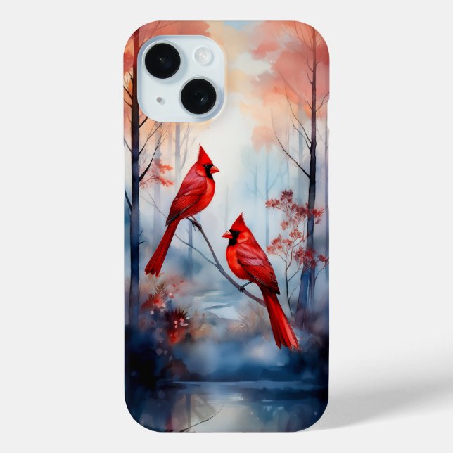Red Cardinal Birds in a Misty Forest Case-Mate iPhone Case (Back)