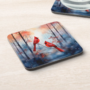 Red Cardinal Birds in a Misty Forest Coaster