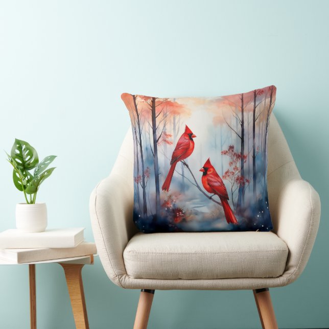 Red Cardinal Birds in a Misty Forest Cushion (Chair)