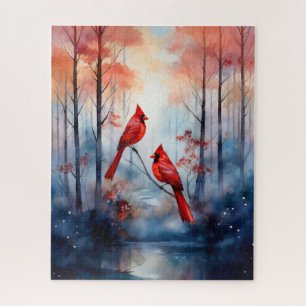 Red Cardinal Birds in a Misty Forest Jigsaw Puzzle