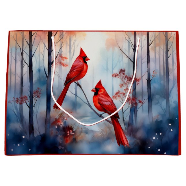 Red Cardinal Birds in a Misty Forest Large Gift Bag (Front)