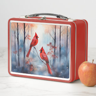 Red Cardinal Birds in a Misty Forest Metal Lunch Box
