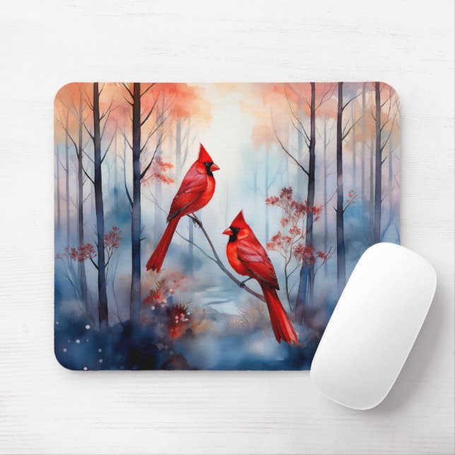 Red Cardinal Birds in a Misty Forest Mouse Mat (With Mouse)