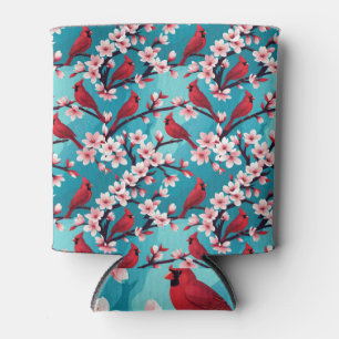 Red Cardinal Birds on Cherry Blossom Branches Can Cooler
