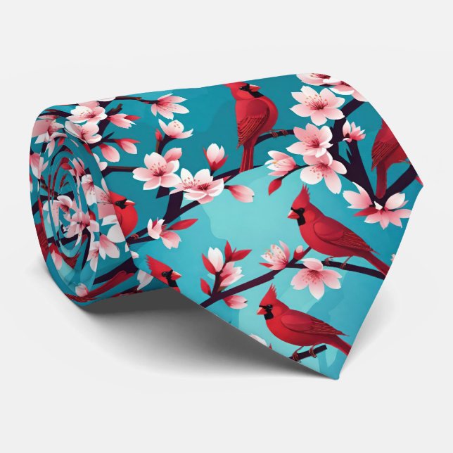 Red Cardinal Birds on Cherry Blossom Branches Tie (Rolled)