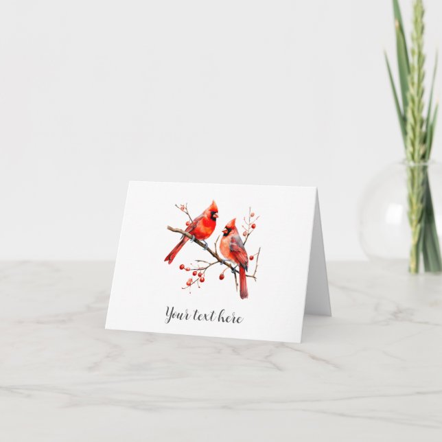 Red Cardinal Birds on Holly Tree Branch Holiday Card (Front)