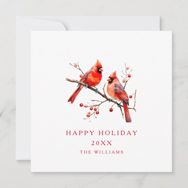 Red Cardinal Birds on Holly Tree Branch Invitation (Front)