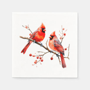 Red Cardinal Birds on Holly Tree Branch Napkin