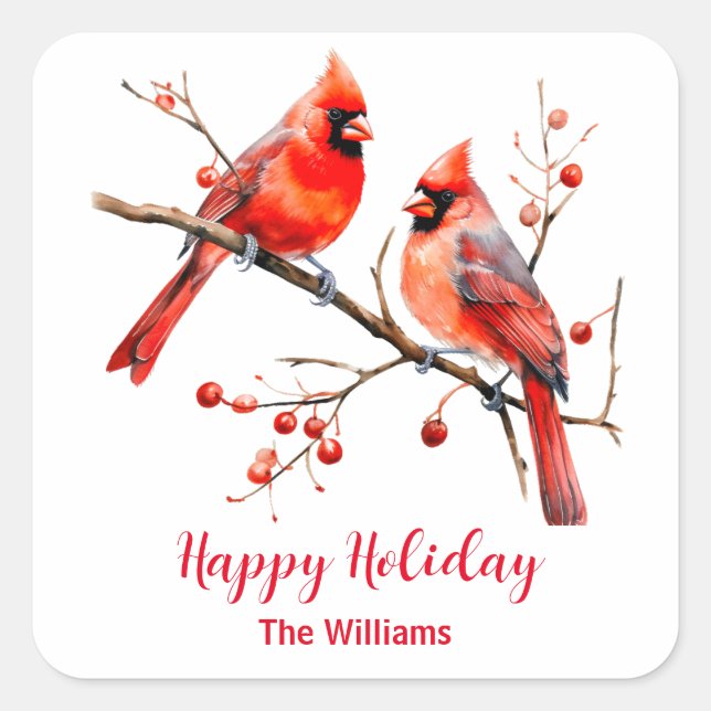 Red Cardinal Birds on Holly Tree Branch Square Sticker (Front)