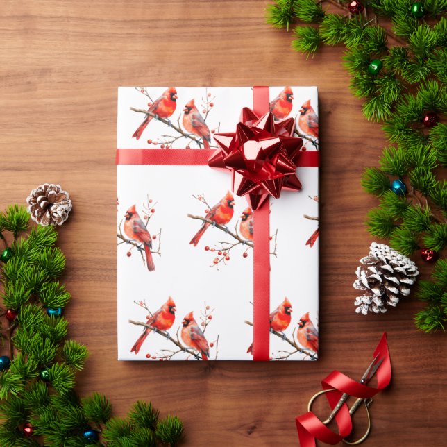 Red Cardinal Birds on Holly Tree Branch Wrapping Paper (Holiday Gift)