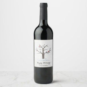 Red Cardinal Birds On Snow Tree Illustrations Wine Label