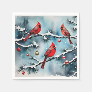 Red Cardinal Birds on Snowy Branches Christmas Napkin