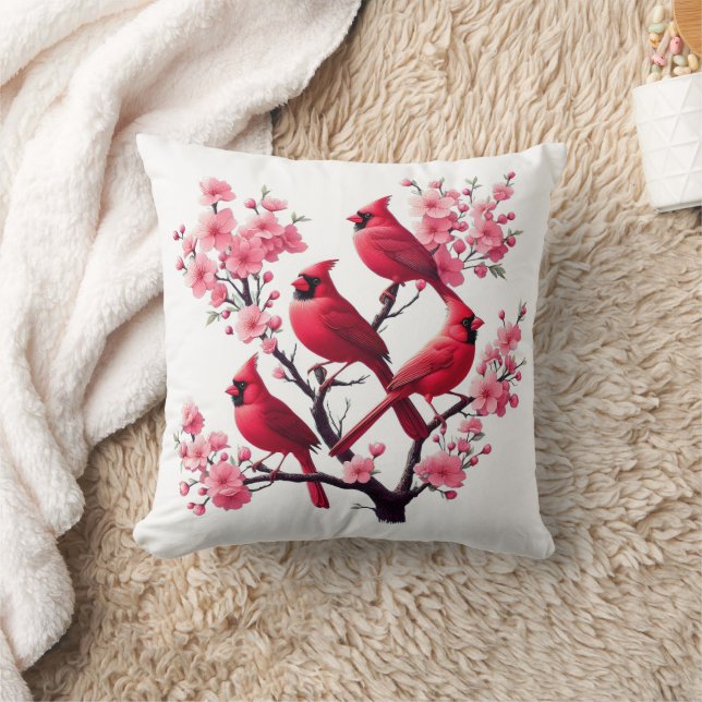 Red Cardinal Birds Pink Cherry Blossom Tree Bird Cushion (Blanket)