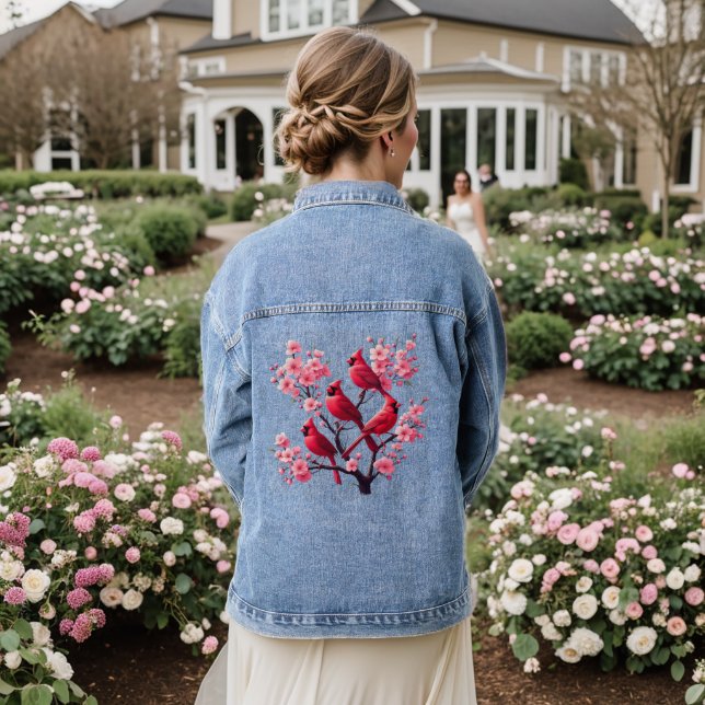 Red Cardinal Birds Pink Cherry Blossom Tree Bird Denim Jacket (Wedding Back)