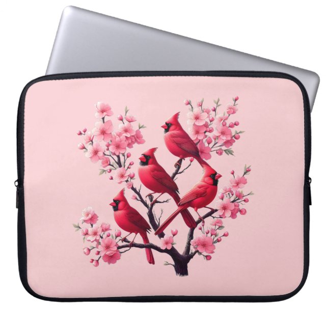 Red Cardinal Birds Pink Cherry Blossom Tree Bird Laptop Sleeve (Front)