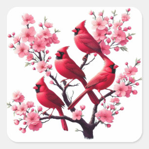 Red Cardinal Birds Pink Cherry Blossom Tree Bird Square Sticker