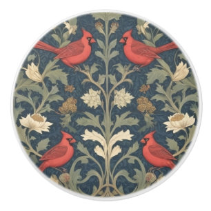 Red Cardinal Birds Vintage William Morris style Ceramic Knob