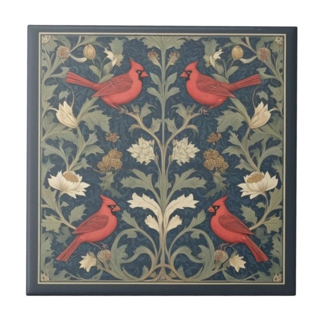 Red Cardinal Birds Vintage William Morris style Tile (Front)