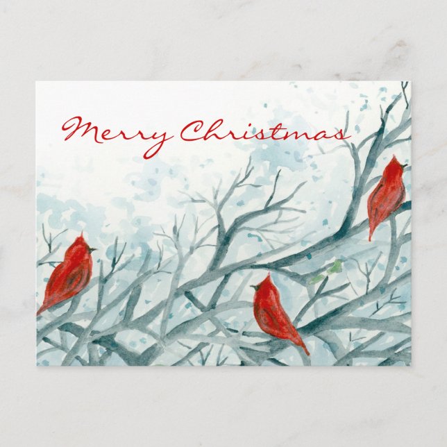 Red Cardinal Birds Winter Trees Merry Christmas Holiday Postcard (Front)