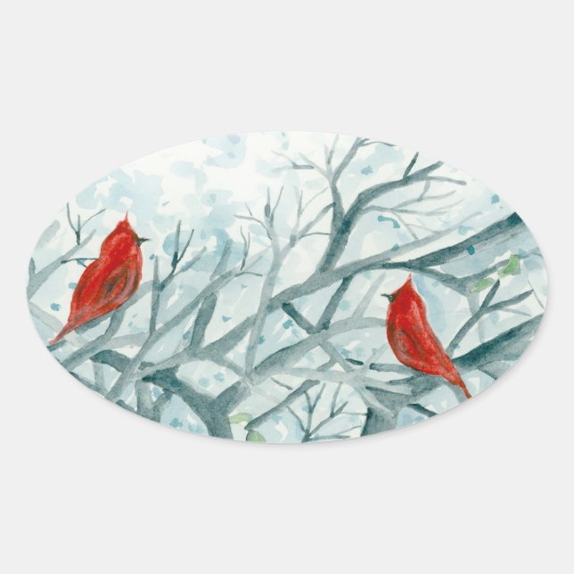 Red Cardinal Birds Winter Trees Watercolor Oval Sticker (Front)