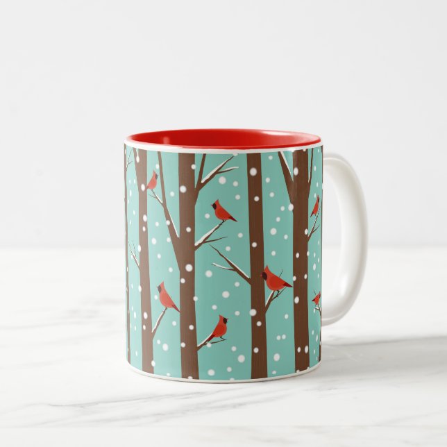 Red Cardinal Birds Winter Woodland Two-Tone Coffee Mug (Front Right)