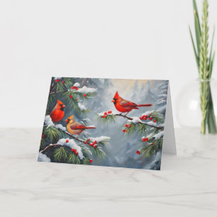 Red Cardinal Birds with Wild Forest Berries Holiday Card