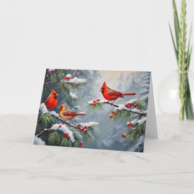 Red Cardinal Birds with Wild Forest Berries  Holiday Card (Front)