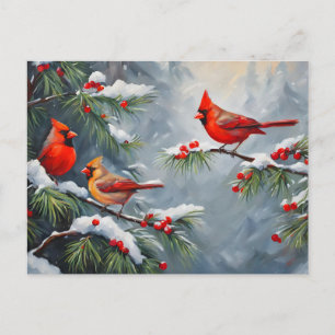 Red Cardinal Birds with Wild Forest Berries  Holiday Postcard