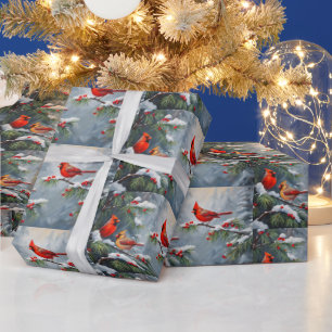 Red Cardinal Birds with Wild Forest Berries Wrapping Paper