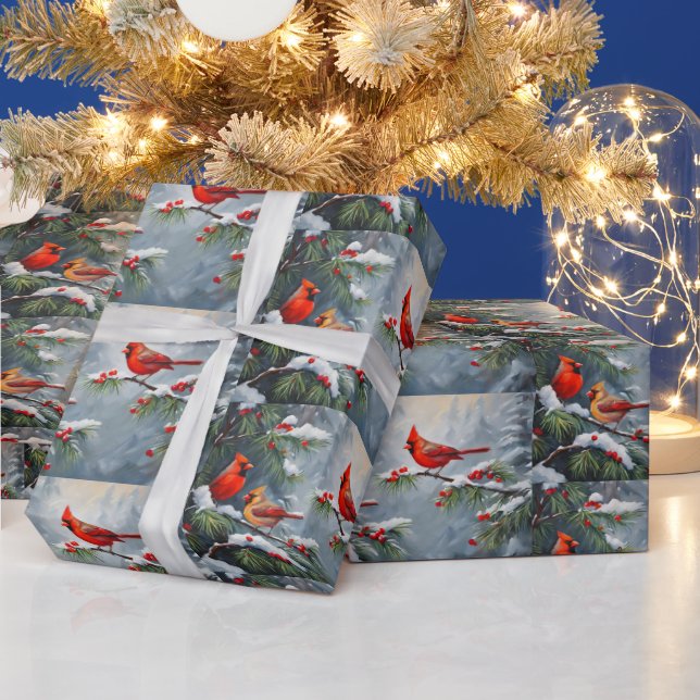Red Cardinal Birds with Wild Forest Berries  Wrapping Paper (Holidays)