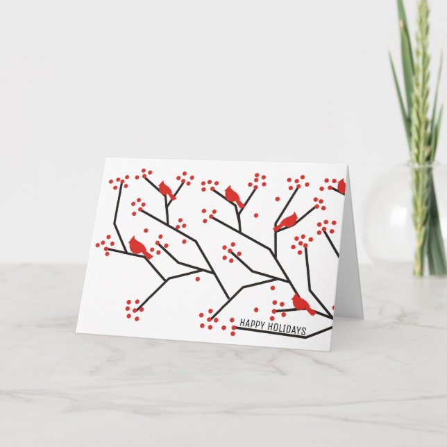 Red cardinal, branch & berries  Christmas holidays Holiday Card (Front)