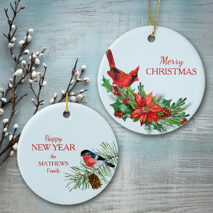 Red Cardinal Bull Finch Poinsettia Ceramic Tree Decoration
