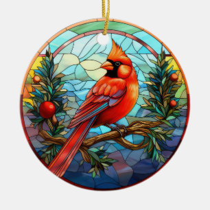 Red Cardinal Christmas Arcylic Stainted Glass Ceramic Tree Decoration