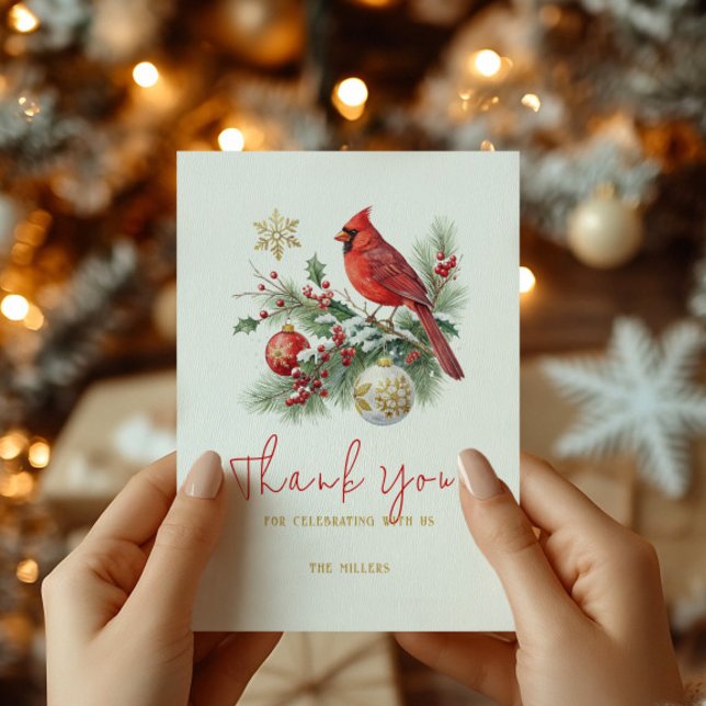 Red Cardinal Christmas Bouquet Personalized Text  Thank You Card (Creator Uploaded)