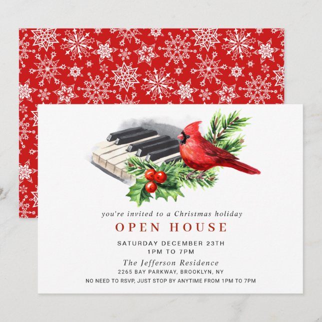 Red Cardinal Christmas HOLIDAY OPEN HOUSE Invitation (Front/Back)