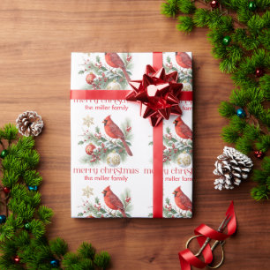 Red Cardinal Christmas Holly Bouquet Wrapping Paper