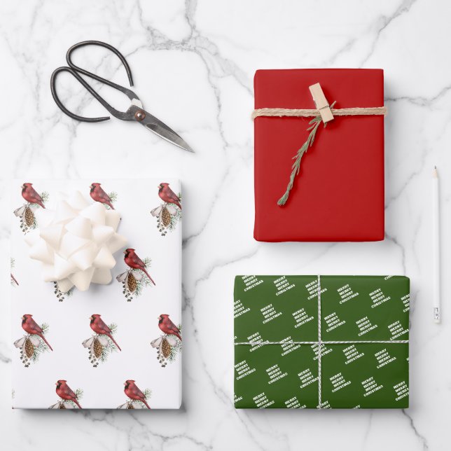 Red Cardinal Christmas Packaging Coordinated Wrapping Paper Sheet (Front)
