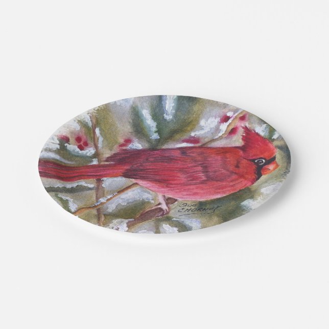 Red Cardinal Christmas Paper Plate (Angled)
