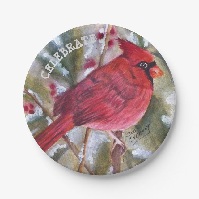 Red Cardinal Christmas Paper Plate (Front)