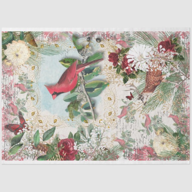 Red Cardinal Christmas Winter Music Roses Gold  Tissue Paper (Front)