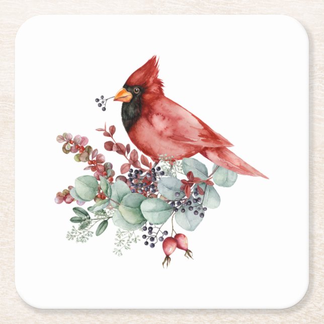 Red Cardinal Eucalyptus Red Berries Christmas Square Paper Coaster (Front)