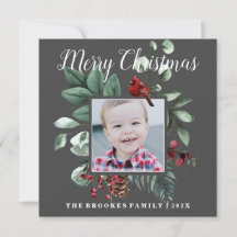 Red Cardinal Floral Merry Christmas Photo Card