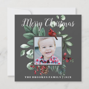 Red Cardinal Floral Merry Christmas Photo Card