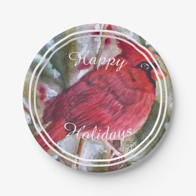 Red Cardinal Happy Holiday Party Paper Plate (Front)