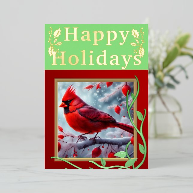 Red Cardinal Happy Holidays Foil Greeting Card (Standing Front)