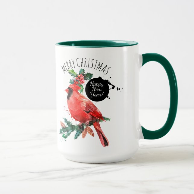 Red Cardinal Happy New Year & Merry Christmas Mug (Right)