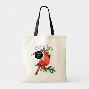 Red Cardinal Happy New Year Merry Christmas Tote Bag
